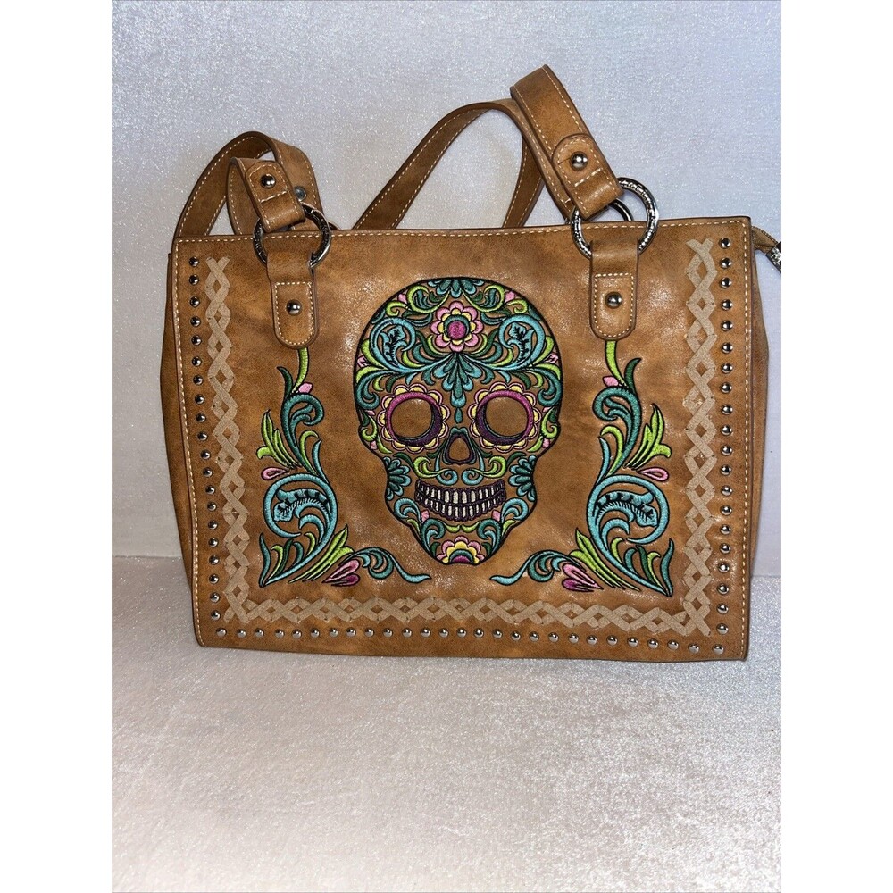 AMERICAN BLING EMBROIDERED SUGAR SKULL TOTE  BROWN MINT COND
